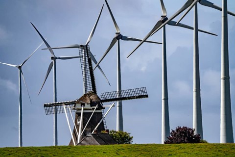 Westereems and Growind wind farms, over 80 wind turbines in total, at the Eemshaven seaport,