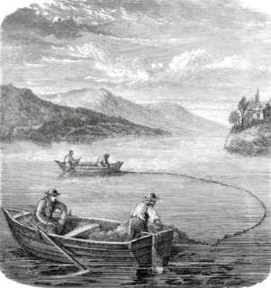 Fisherman on Lake Constance netting bluefish, 1869, Baden-Württemberg, Germany, Historical,