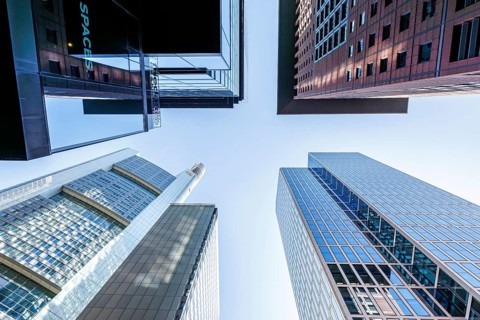 Frankfurt skyline skyscrapers buildings banks modern work offices in Frankfurt, Germany