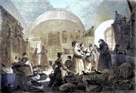 In the sacristy of a Franciscan monastery on Easter morning, coloured woodcut from 1864, people
