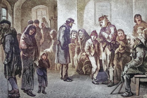 Wiener Wärmestube fuer Obdachlose, Vienna, Austria, coloured wood engraving, reproduction of an