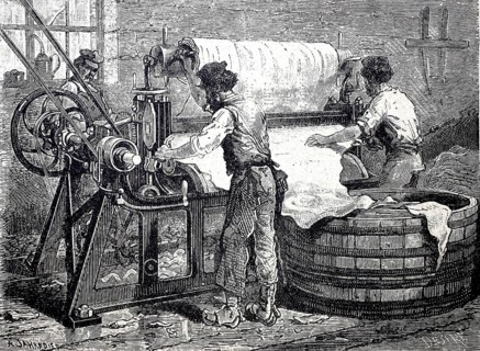 Leather processing, worker at a splitting machine for leather, around 1880, digitally improved