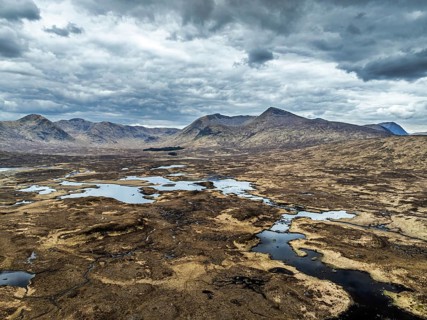 Rannoch Moor from a drone over Loch Ba and Loch of the Armpit, A82 Highland Way, Argyll and Bute,