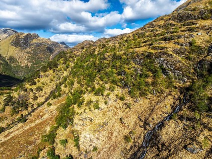 Glen Nevis Valley and River Navis from a drone, Fort William, Lochaber, Highland, Scotland, United