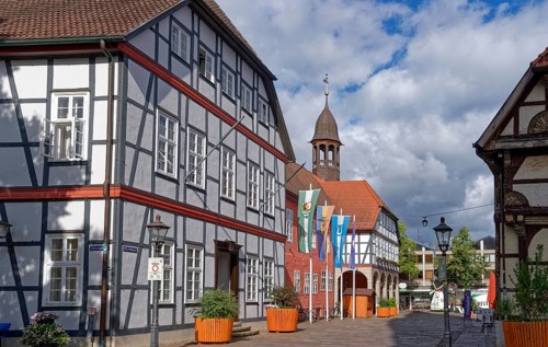 Half-timbered houses on the market square in the historic old town of Nienburg an der Weser.