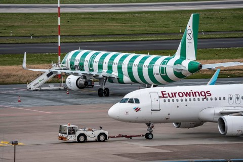Düsseldorf Airport, Condor Airbus A321-200, aircraft on the apron, Eurowings Airbus being towed,