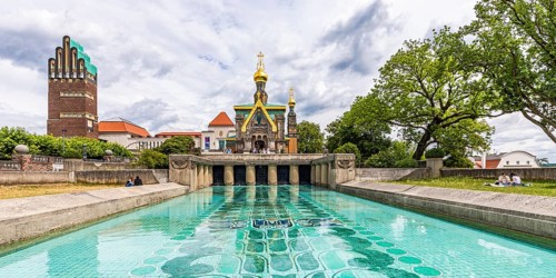 Wedding Tower, Lily Basin and Russian Chapel, Mathildenhöhe Darmstadt, artists' colony, Darmstadt,