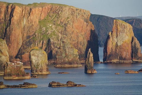 Towering cliffs and rocks in the sea under a clear sky, Eshanness, Shetland Islands, Scotland,