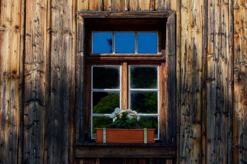 Rustic wooden window with flower box in a play of light and shadow, Triberg im Schwarzwald,
