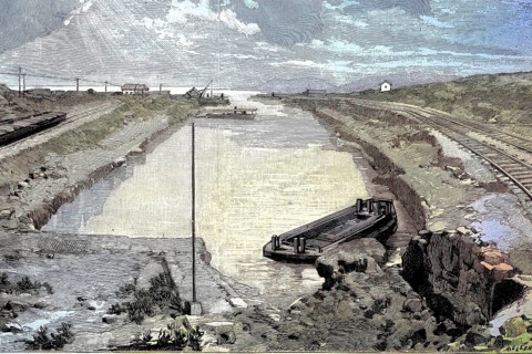 The Corinth Canal, Greece, the mouth in the west to the Gulf of Corinth, Illustration from 1894,