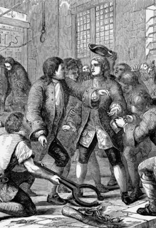 A debtor is admitted to the Fleet Prison. During the reign of George II, the prison was mainly used