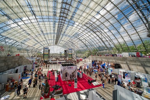 New Leipzig Trade Fair Centre, Leipzig Trade Fair, with glass entrance hall, interior view, trade
