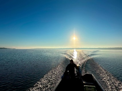 View from a motorboat over Lake Starnberg, Bavaria, Germany