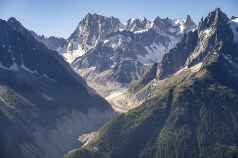 Mountain peak Grandes Jorasses and glacier Mer de Glace of the Mont Blanc massif,