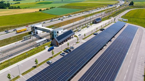 Largest charging park in the world at Merklingen Swabian Alb railway station. 259 covered stations