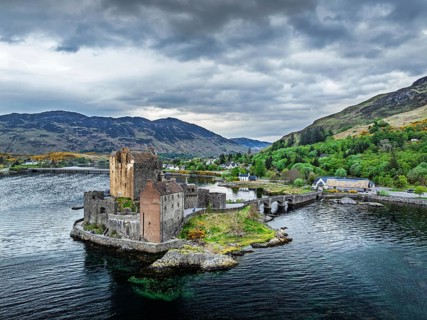 Eilean Donan Castle and Loch Duich from a drone, Isle of Skye, Highlands, Scotland, England, United