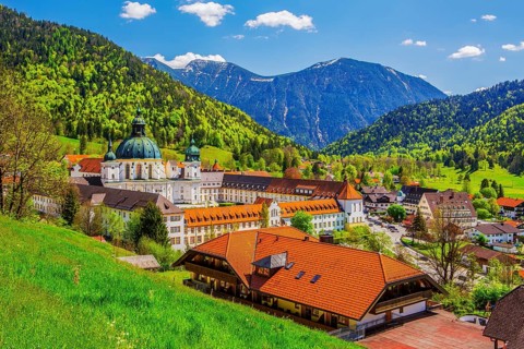 Ettal Monastery in spring, municipality of Ettal, Ammergau Alps, Upper Bavaria, Bavaria, Germany