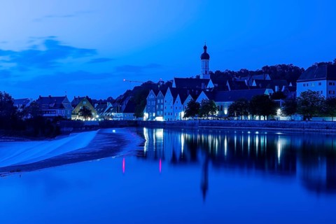 Barrage on the Lech, Landsberg, in the blue hour, Upper Bavaria, Bavaria