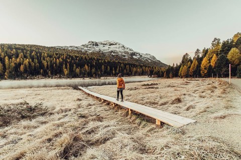 Young woman at Lake Staz near Sankt Moritz in the Engadine in Switzerland. Morning atmosphere with