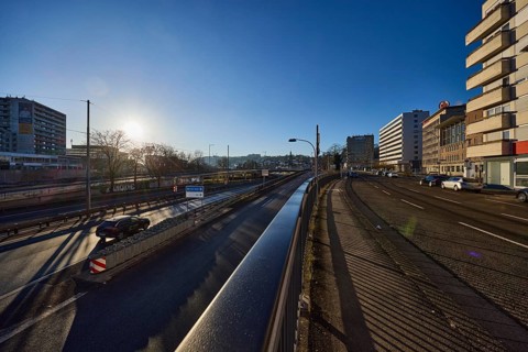Street, general architecture, modern architecture, metal railings, lanterns, vehicles, parking
