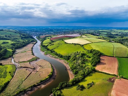 Farms and Fields over River Dart from a drone, Stoke Gabriel, Totnes, Devon, England, United