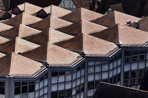 View of the roof of the Karstadt shop designed by Walter Brune and closed in 2023, Celle, Lower