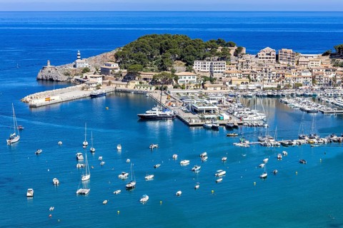 Port de Soller on Majorca from above Holiday by the sea harbour with boats trip in Port de Sóller,
