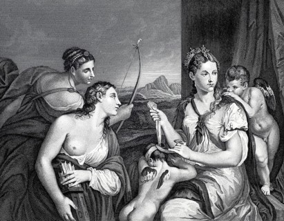 The Equipping of Cupid by Venus and the Graces, Venus blindfolds Cupid, steel engraving after a