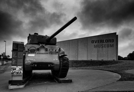 M4A1 Sherman tank, exhibit in front of Overlord Museum, black and white, Colleville-sur-Mer, D-Day,