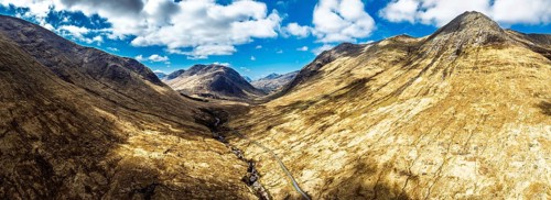 Panorama of Mountains and Moors over Glen Etive Valley from a drone, Buachaille Etive Mòr, The