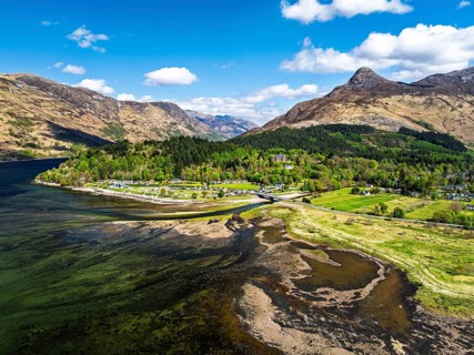 Loch Leven and Holiday Park from a drone, Glencoe, Highland, Scotland, United Kingdom