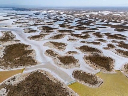 Extensive salt lakes and branched water on a desert-like area, aerial view, salt lake, Tuz Gölü,
