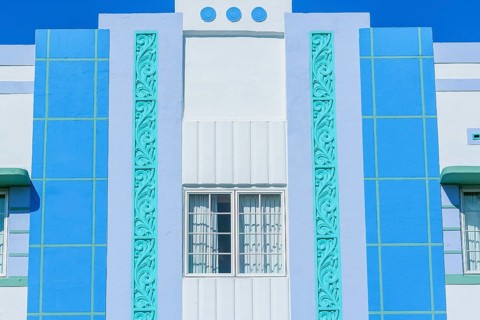Art deco hotel facade, Ocean drive, South Beach, Miami, Florida, USA
