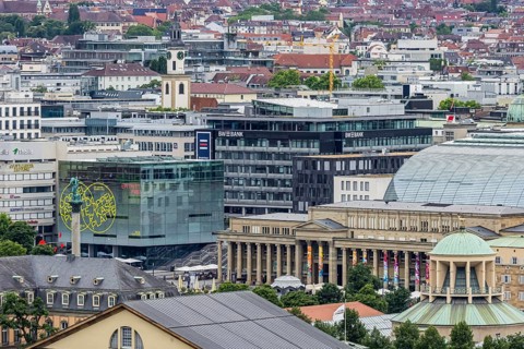 View of the state capital with Schlossplatz and art museum. Stuttgart, Baden-Württemberg, Germany