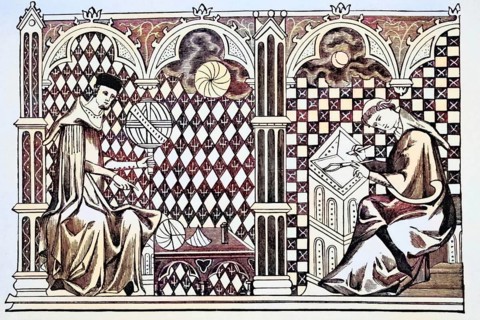 Mathematician monks, one teaching the globe, the other copying a manuscript after a miniature from