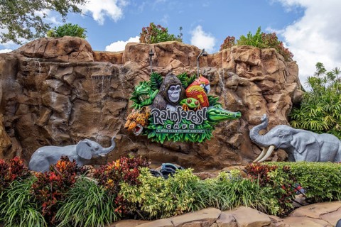 Sign for the Rainforest Cafe theme restaurant in Disney Springs at Disney World in Orlando,