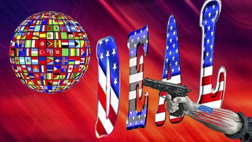 Symbolic image, Trump in deal madness, governing with decrees, no more United States, democracy