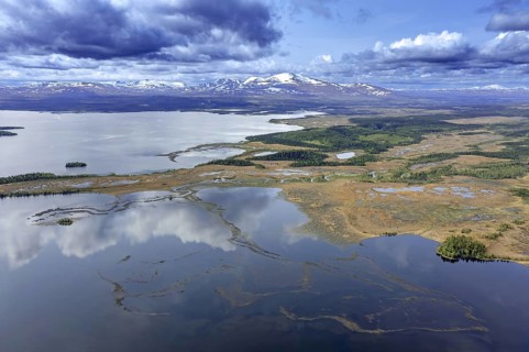 Aerial view over Lake Ånnsjön and mountain peak Storsnasen in the Snasahögarna mountain range,