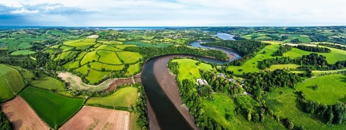 Panorama of Farms and Fields over River Dart from a drone, Stoke Gabriel, Totnes, Devon, England,