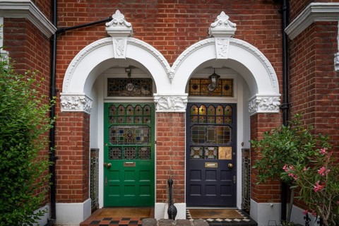Victorian house entrances, blue and green doors, brick building, Kensington, London, England, Great