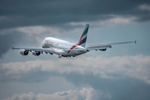 Emirates Airbus A380-800, on take-off, Düsseldorf Airport, North Rhine-Westphalia, Germany