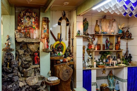 Typical Umbanda temple altar in Brazil with its saints and entities, Belo Horizonte, Minas Gerais,