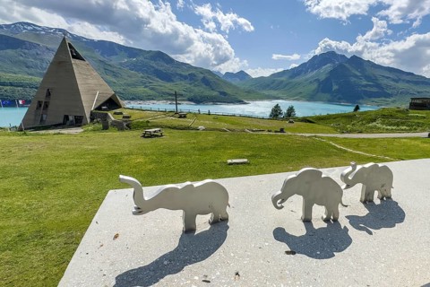 View from viewing platform to Mont-Cenis Pyramid Museum with stylised pyramid Museum in memory of
