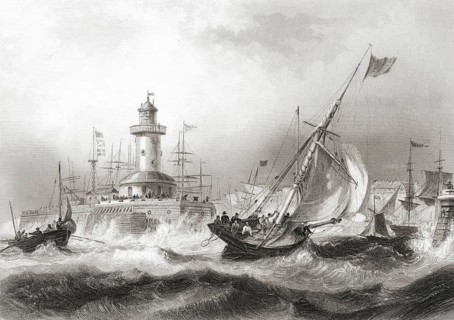 Lighthouse and Moote off Ramsgate, Kent, England in the 19th century. From the Cyclopaedia of