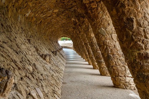 Colonnaded footpath, Park Gueell, Antonio Gaudi architect, Unesco World Heritage Site, Gracia
