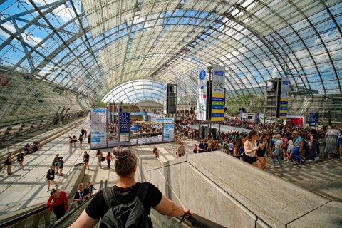 New Leipzig Trade Fair Centre, Leipzig Trade Fair, with glass entrance hall, interior view, trade