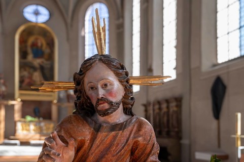 Palm tree donkey, detail, in the parish church of St Nicholas, Oberthingau, Ostallgäu, Bavaria,