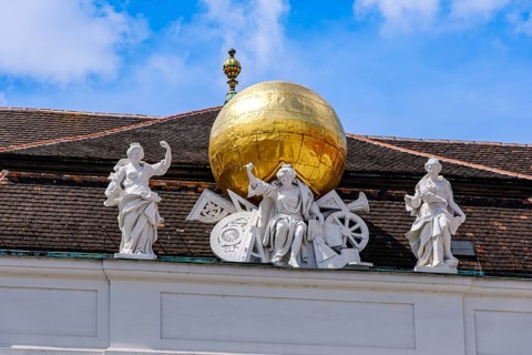 Allegorical sculpture group, Gaia with instruments for surveying the earth on the roof cornice of