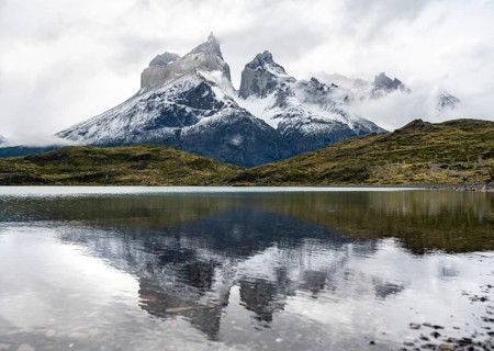 Cuernos del Paine mountain range, reflection in Lago Nordenskjöld, Torres del Paine National Park,