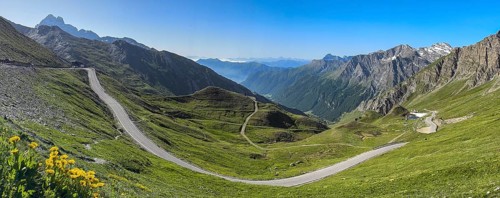 Panoramic view of southern ramp southern ascent mountain road alpine road to pass in Alps High Alps